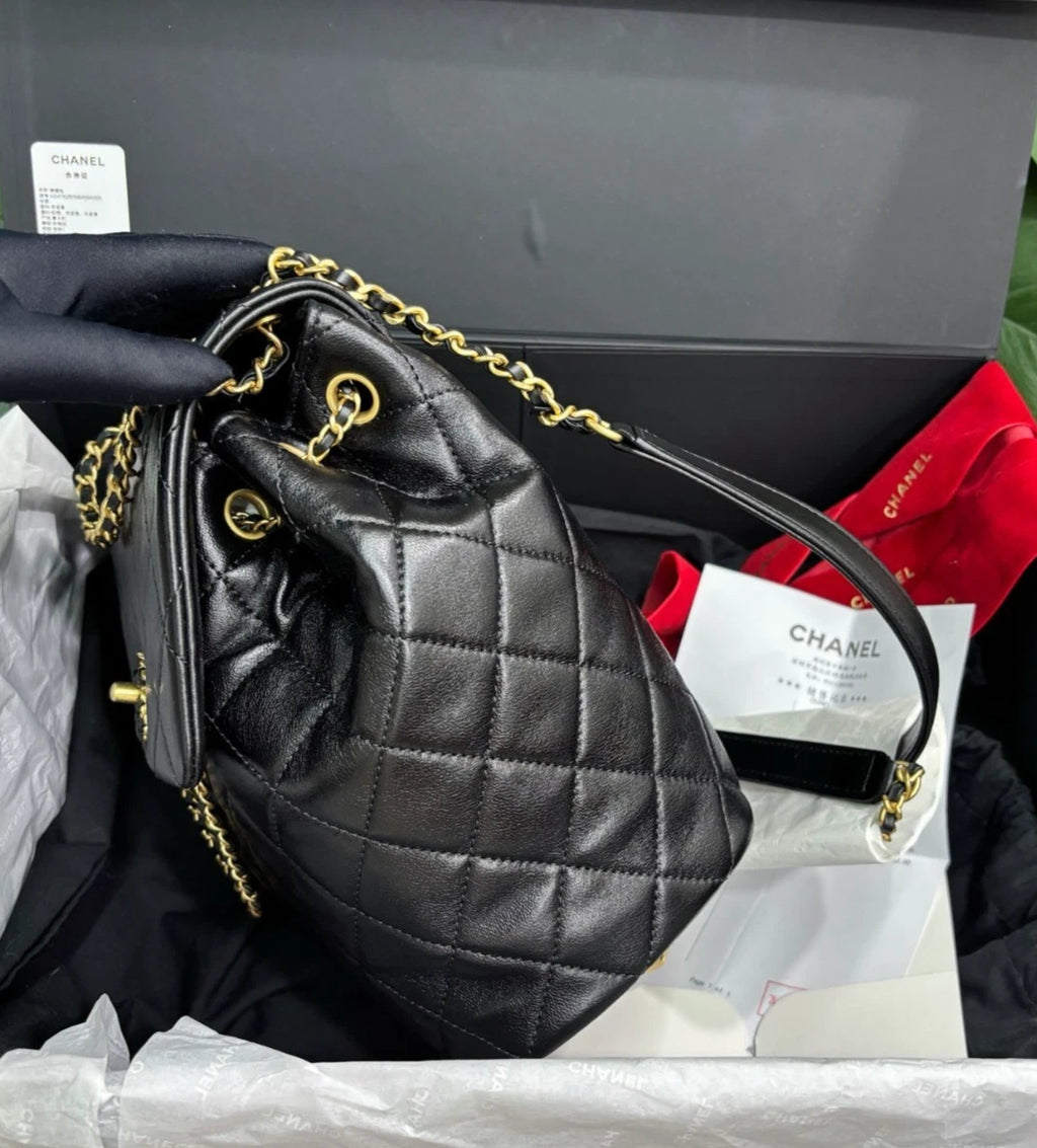 Chanel Lambskin Diamond Chain BackpackGold Hardware Black Women Fashion
