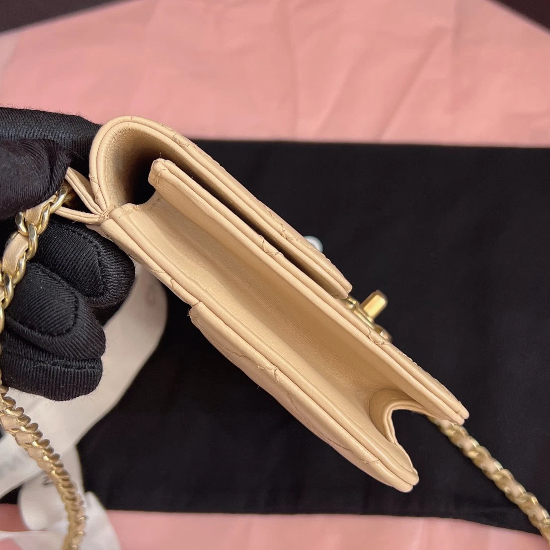 Chanel Woc Mini Calfskin Chain Shoulder Crossbody Beige Gold Excellent