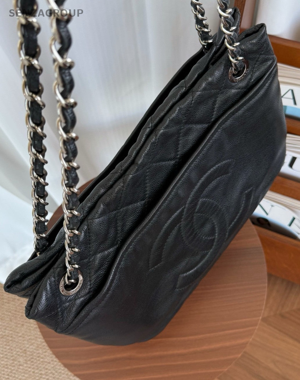 CHANEL CC Relief carving Calfskin Tote Chain Shoulder bag Black Silver Women