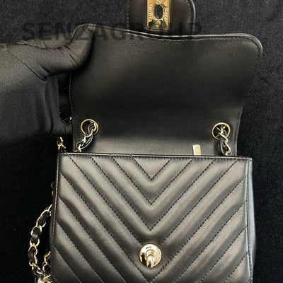 Chanel V-Stitch Square Mini Flap Bag Black Gold Chain Shoulder Crossbody