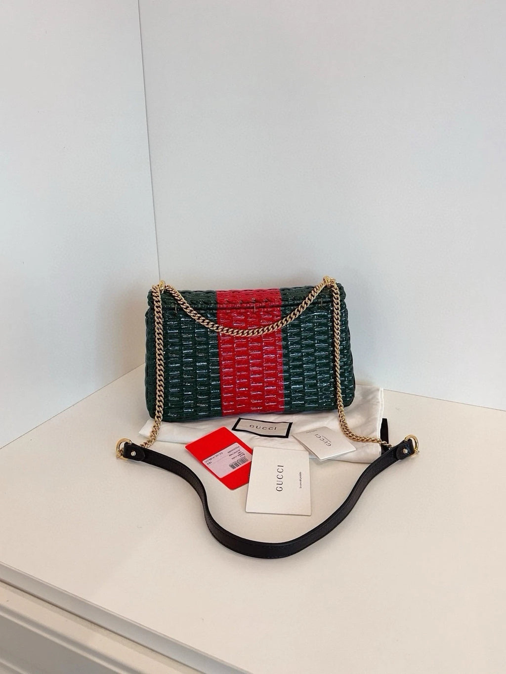 Gucci Women Green Red Striped Woven Chain Shoulder Bag