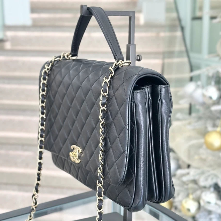 Chanel Lambskin GM Chain Shoulder Bag Top Handle Bag Black Gold Women Diamond S