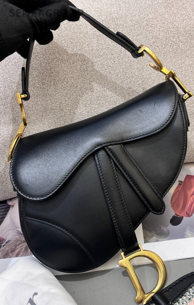 Christian Dior Saddle PM  Top Handle Shoulder Bag Black Gold Women Classic
