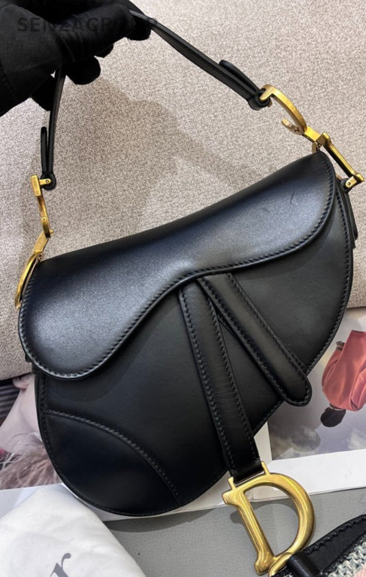 Christian Dior Saddle PM  Top Handle Shoulder Bag Black Gold Women Classic