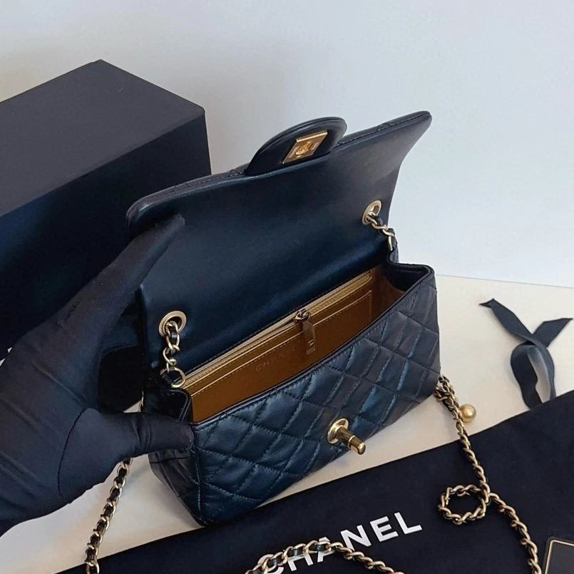 Chanel Classic Flap Mini Chain Shoulder Crossbody Black Gold Women Diamond