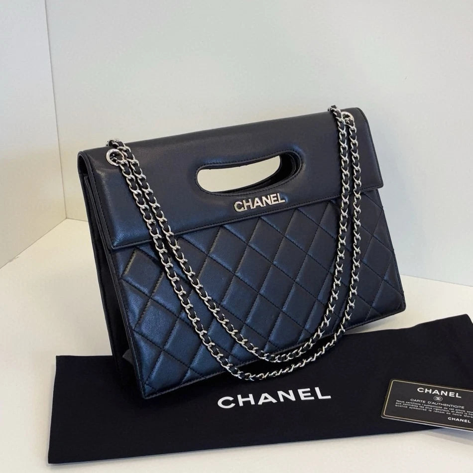 Chanel Diamond Chain Satchel Top Handle Shoulder Bag Black Silver Women Classic