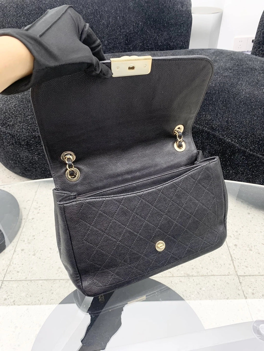 Chanel Calfskin Chain Shoulder Crossbody Bag Black Gold Women Classic S