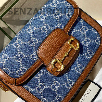 Gucci 1955 Mini Horsebit Denim Saddle Bag Blue Brown Women's Shoulder Crossbody