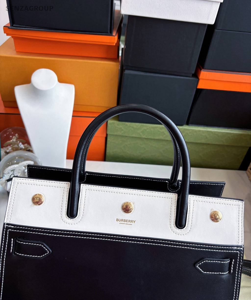 Burberry Title Tote Calfskin Top Handle 2way Shoulder Handbag Black White Women