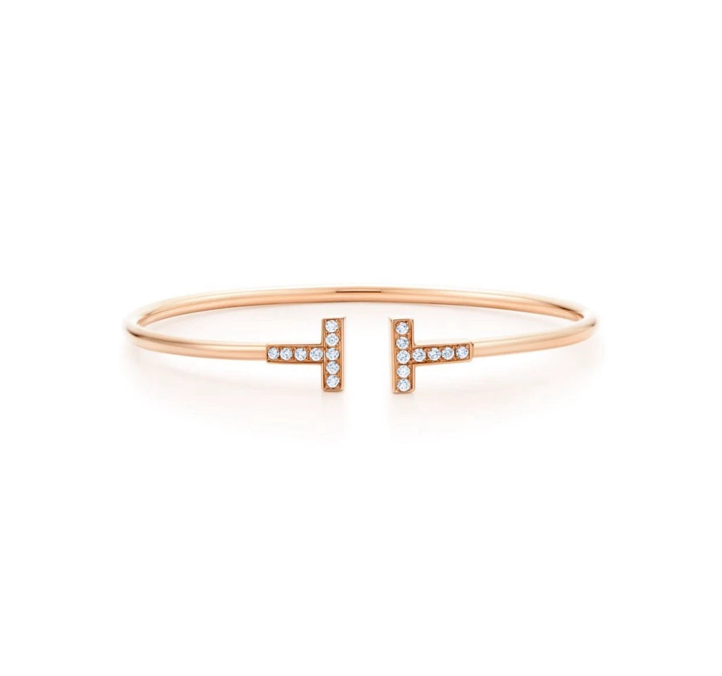 Tiffany &amp; Co. Tiffany T 18K Rose Gold Narrow Wire Cuff Bracelet Diamonds