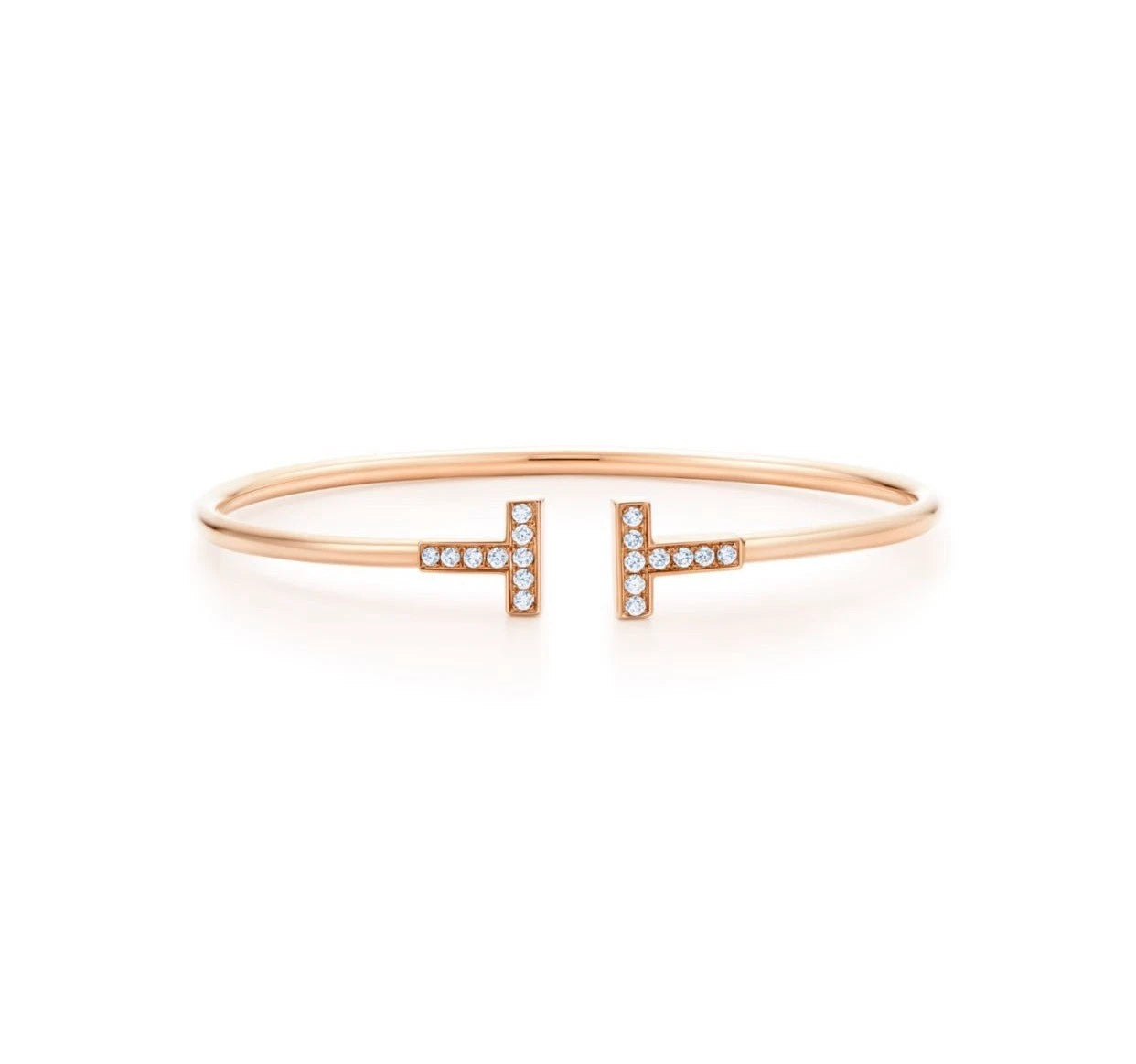 Tiffany &amp; Co. Tiffany T 18K Rose Gold Narrow Wire Cuff Bracelet Diamonds