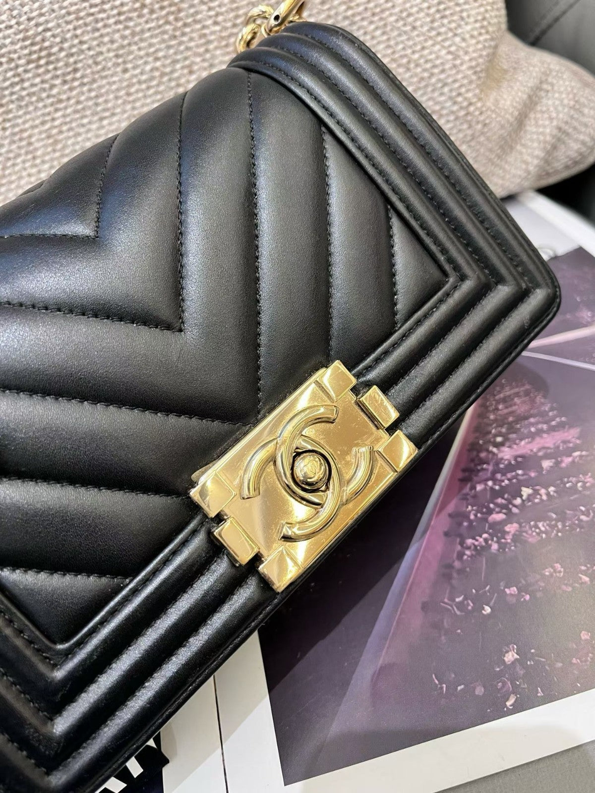 Chanel Leboy PM Chain Calfskin Shoulder Bag Crossbody Black Gold Women Classic