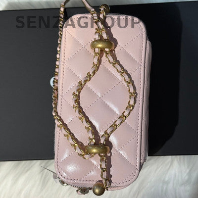 Chanel Pink Gold Double Pearl Long Box Chain Shoulder Crossbody Bag