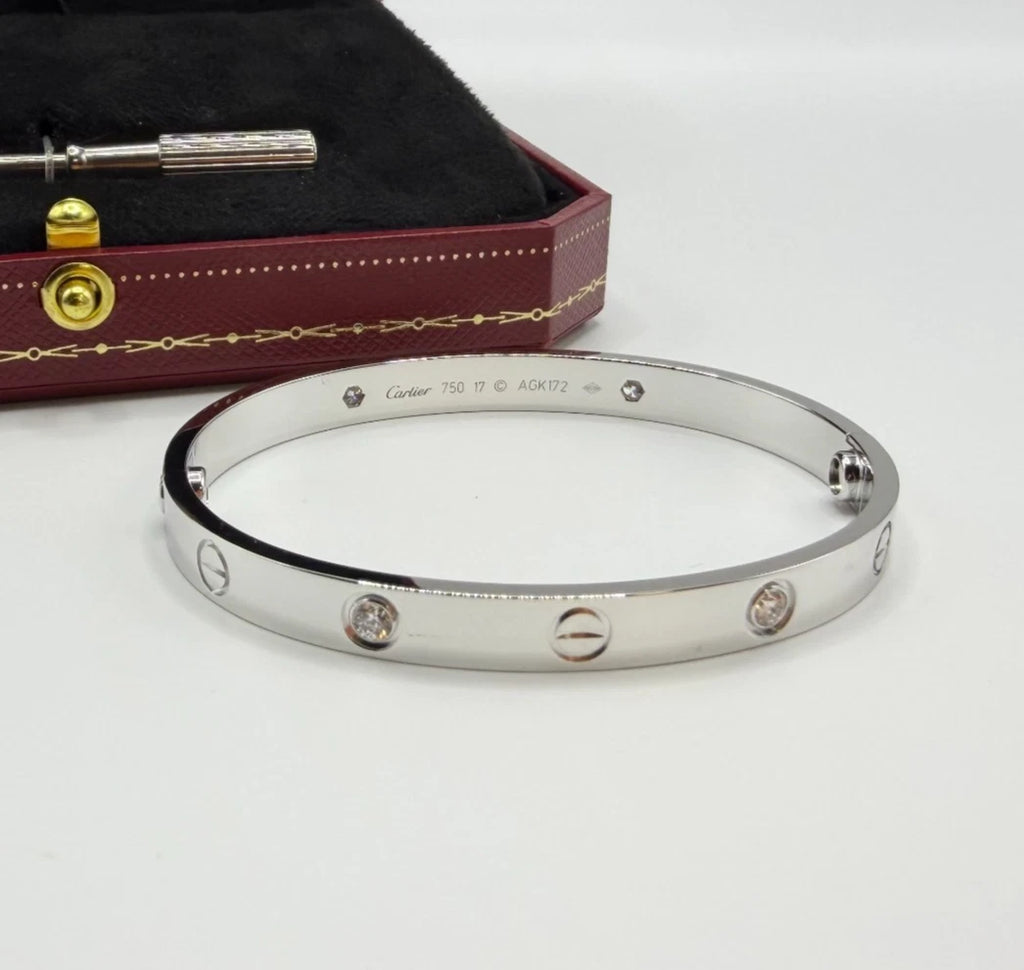 Cartier Love Classic Bracelet 4 Diamonds 18K White Gold Bangle Size17