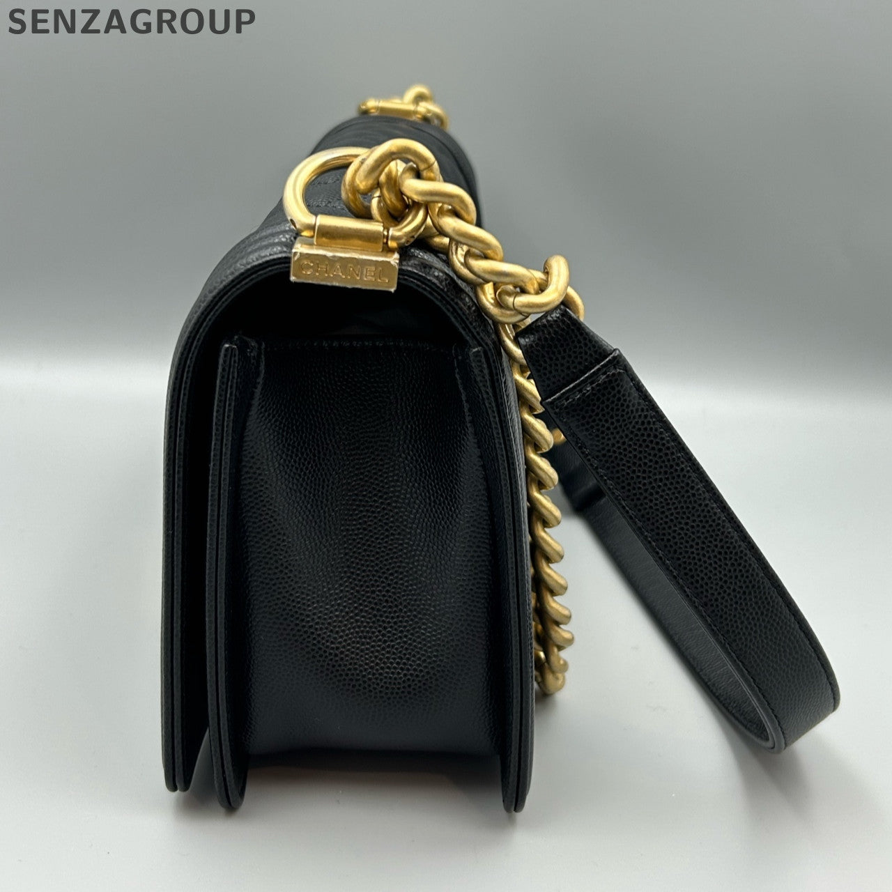 Chanel Le Boy Medium Black Gold Caviar Quilted Chain Shoulder Bag