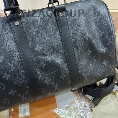 Louis Vuitton Keepall 35 Bandoulière Monogram Black Silver Unisex Travel Bag