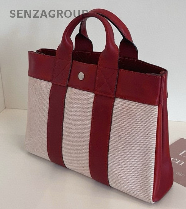 Hermes Canvas Vintage Tote Top Handle Bag Red Silver Women Classic