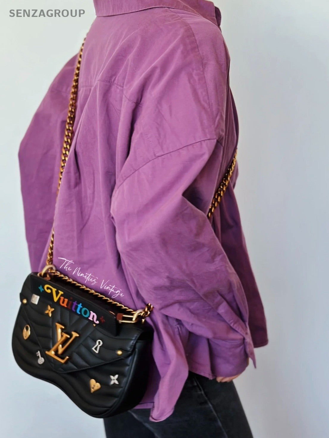 Louis Vuitton New Wave MM Chain Shouldre Crossbody Bag Women Black Gold