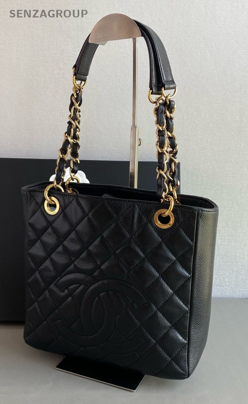 CHANEL PST Calfskin CC Chain Shoulder Handbag Women Black Gold