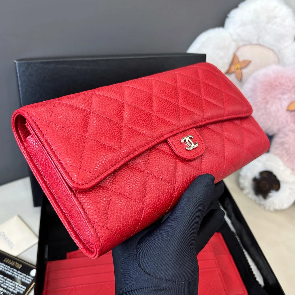 Chanel Calfskin Diamond Clutch Red Silver Women Classic