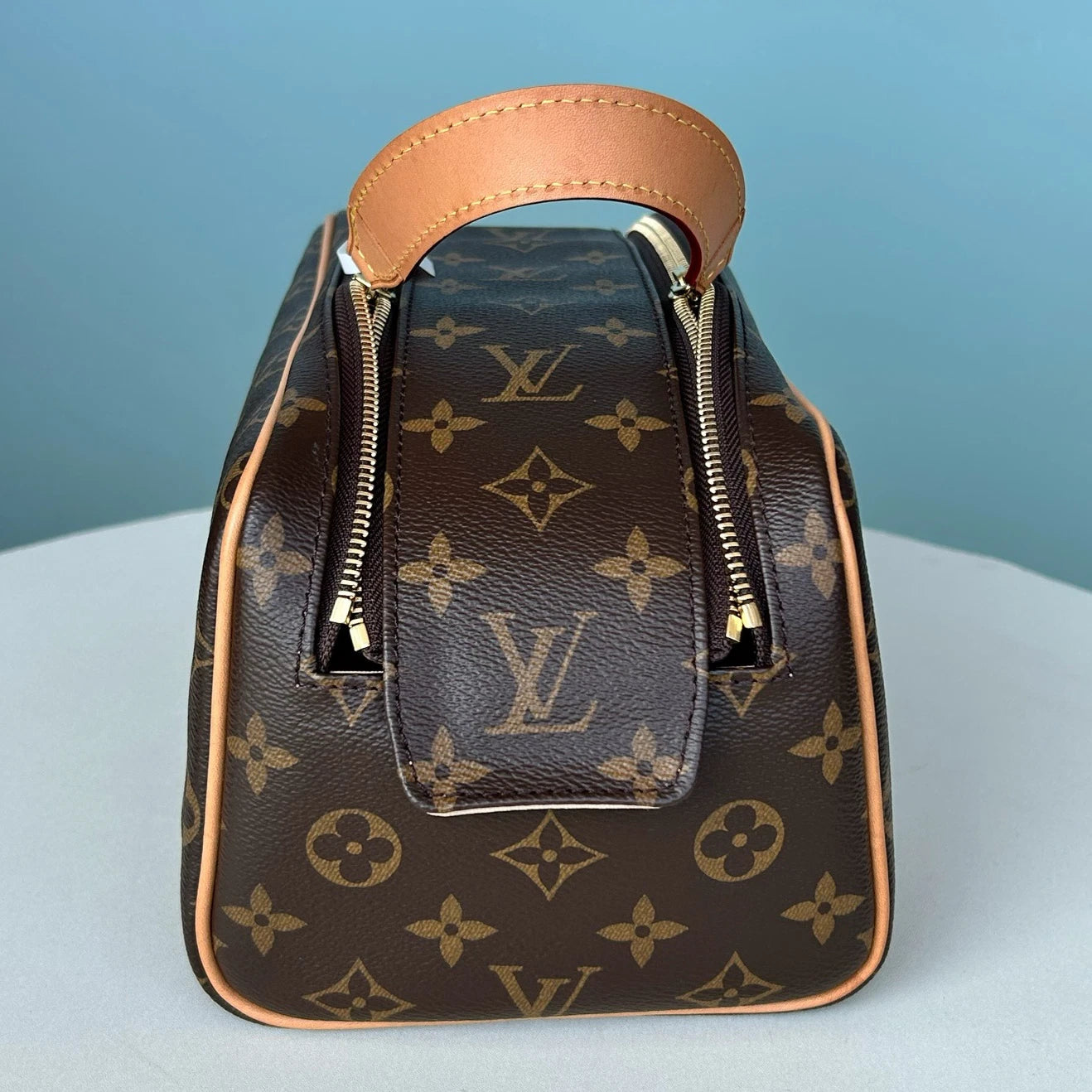 Louis Vuitton Dopp Kit Monogram Clutch Brown Gold Women Classic