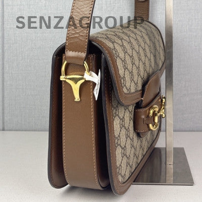 Gucci Horsebit 1955 GG Monogram Shoulder Bag Brown Gold Hardware