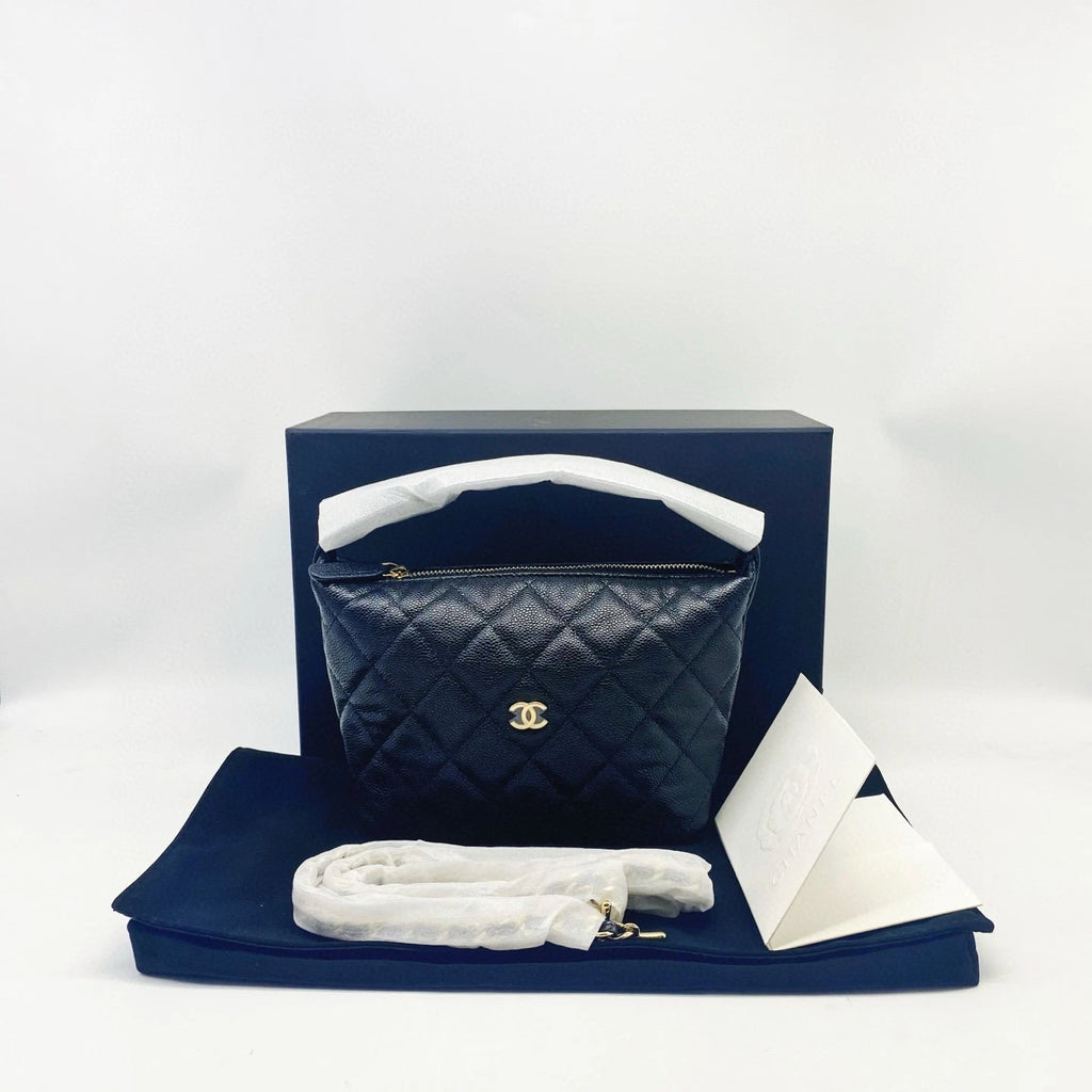 CHANEL Black Leather Hobo Chain Lunch Box Shoulder Crossbody Bag Women