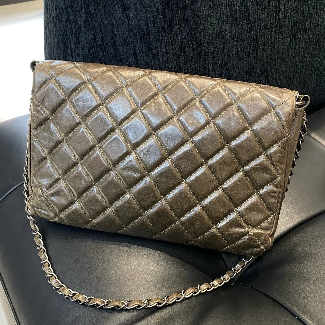 Chanel Leboy Chain Diamond Shoulder Bag Brown Silver Used Women Classic
