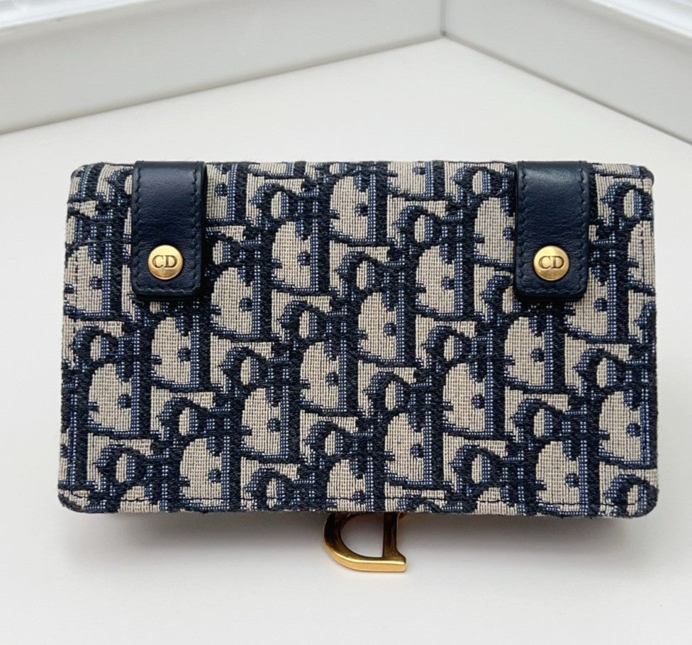 Christian Dior Oblique Chain Shoulder Bag Crossbody Blue Gold Women Classic