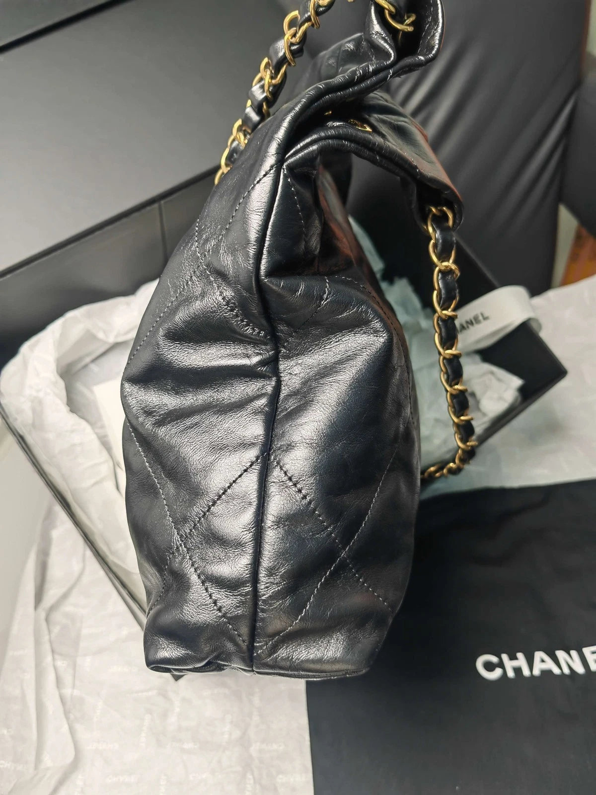 CHANEL 22 Bag Black Gold Medium Tote Shoulder Bag for Women