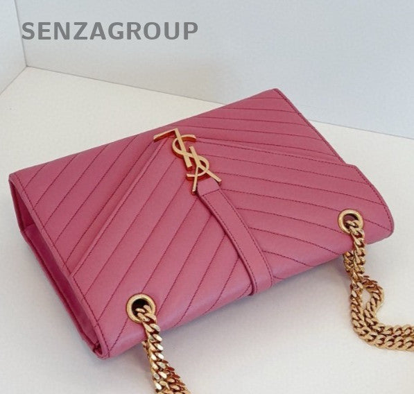 Saint Laurent Envelope MM Chain Shoulder Bag Crossbody Pink Gold Women Classic