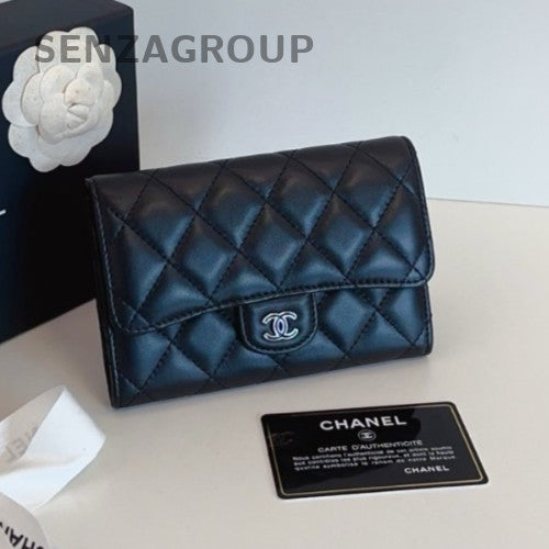 Chanel Diamond Wallet Clutch Black Silver Used Women Classic
