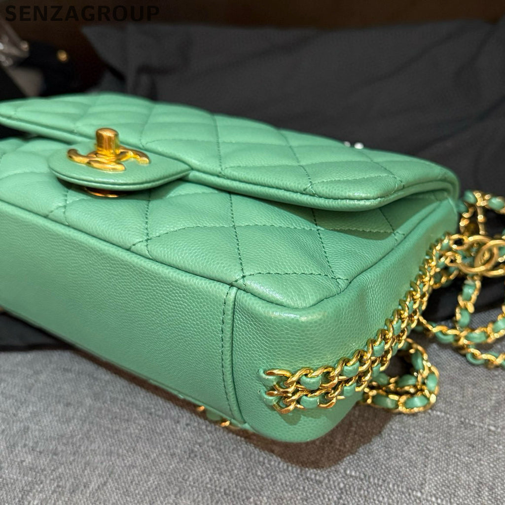 Chanel Classic Flap Green Gold Calfskin Chain Shoulder Crossbody Bag