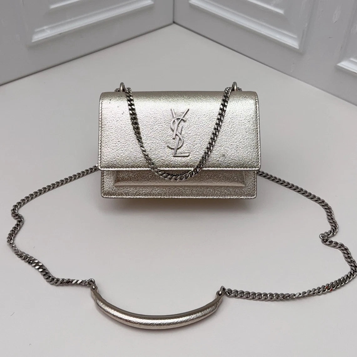 Saint Laurent Kate Chain Shoulder Crossbody Bag Silver Women Fashion