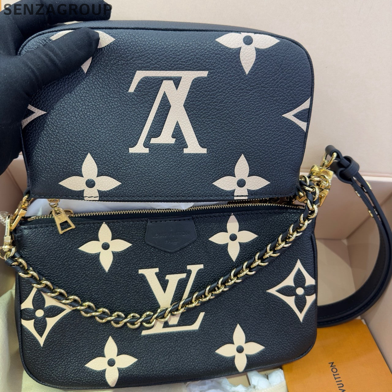 Louis Vuitton Embossed Black Gold Chain Shoulder Crossbody Bag - Classic Women's