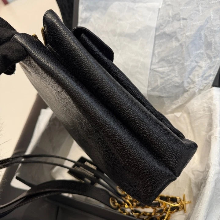 Chanel Calfskin Chain Shoulder Bag Black Gold Used Women Classic D