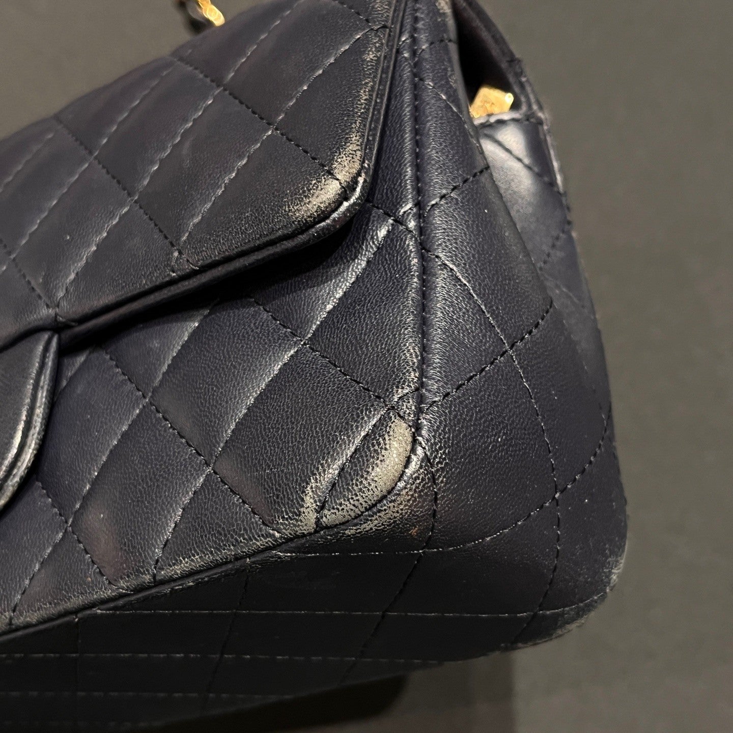 Chanel Classic Flap Mini Lambskin Chain Shoulder Bag Navy Gold Women Diamond