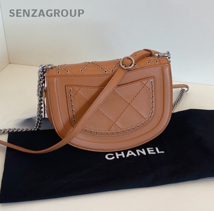 CHANEL Saddle PM Calfskin Rivet caramel color Chain Shoulder bag Crossbody Women