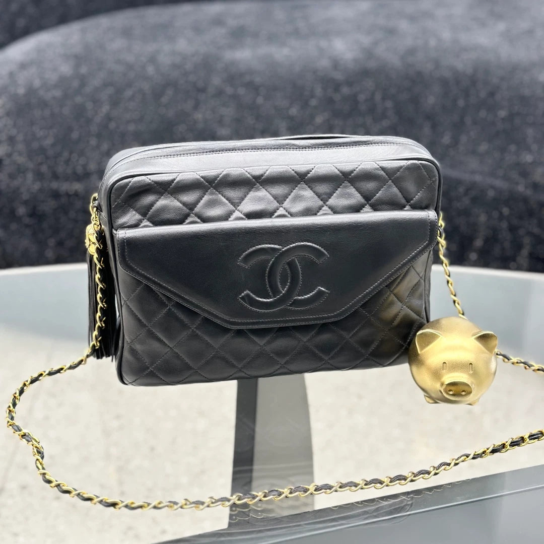 Chanel Vintage Tassel Lambskin Chain Shoulder Crossbody Bag Black Gold Women S