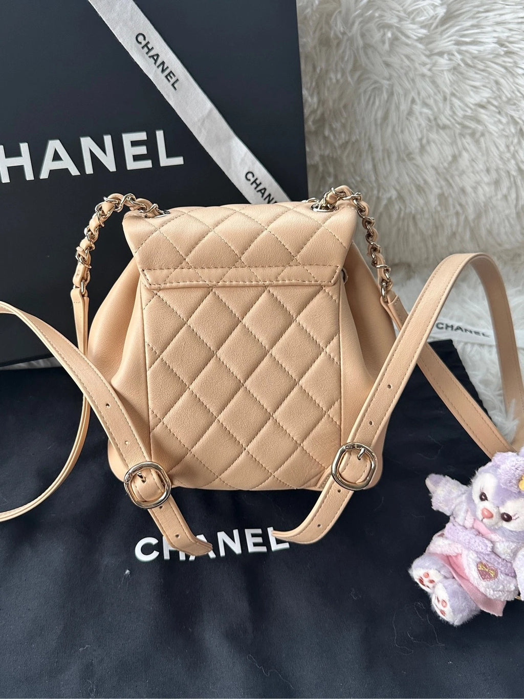 CHANEL Duma Small Calfskin Beige Gold Chain Backpack For Women