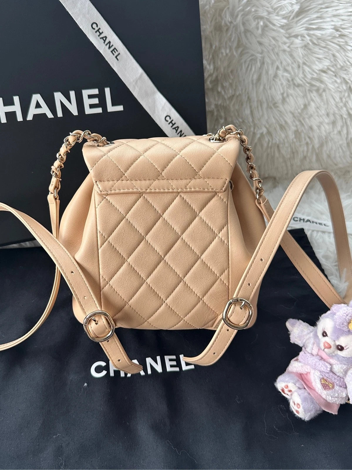 CHANEL Duma Small Calfskin Beige Gold Chain Backpack For Women