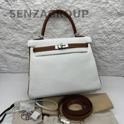 Hermes Kelly 25 White Gold Brown 6M Chaine d'Ancre Brushed Silver HW New