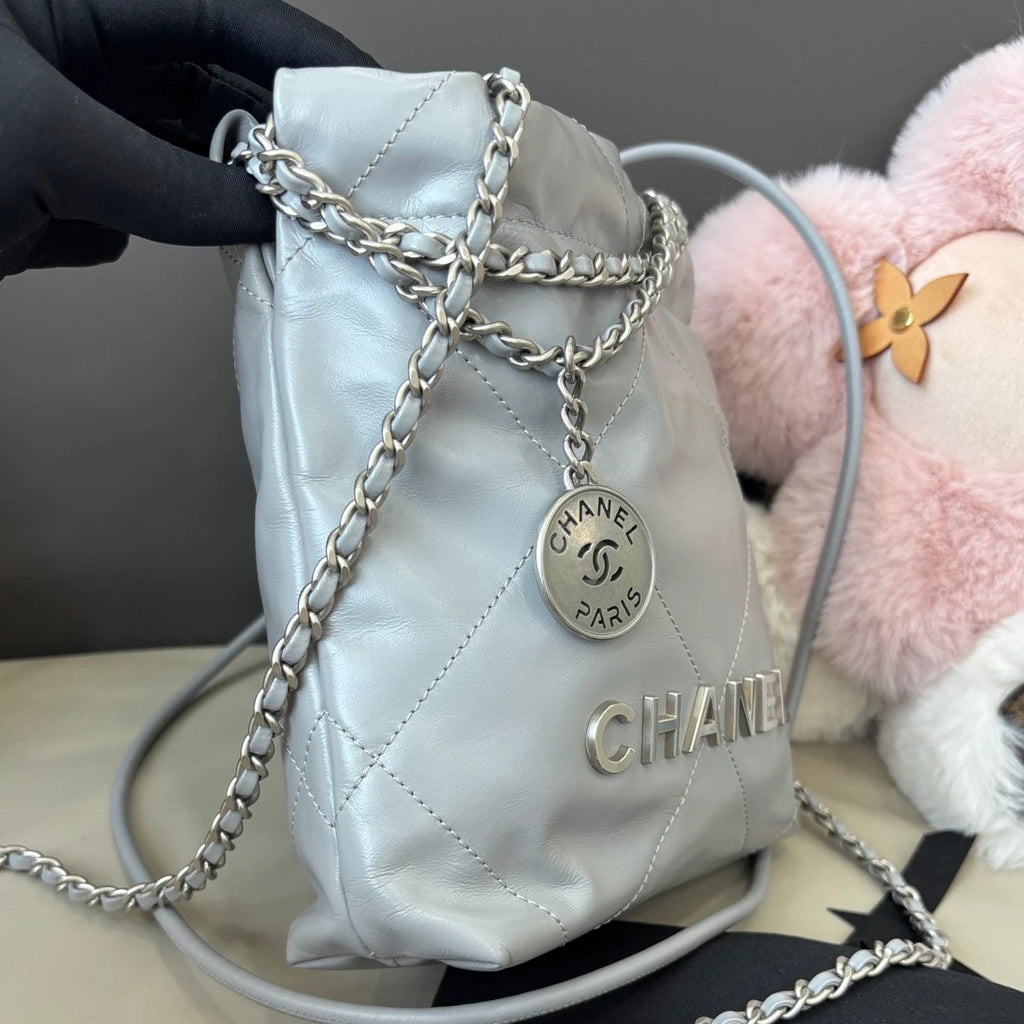 Chanel 22Bag Mini Calfskin Chain Shoulder Crossbody Gray Silver Women Classic