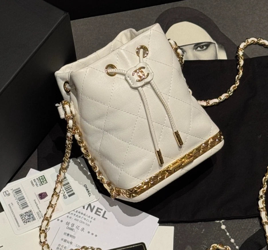 Chanel Small Bucket Diamond Shoulder Bag Crossbody White Women