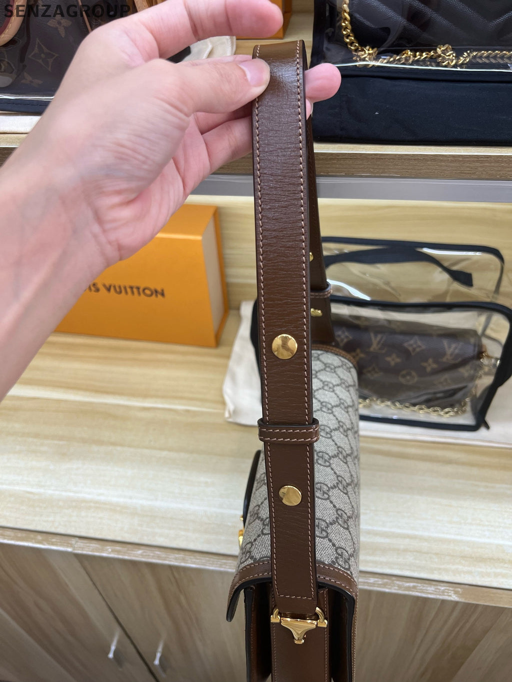 Gucci 1955 Medium GG Supreme Shoulder Bag Brown Gold Hardware Classic Women