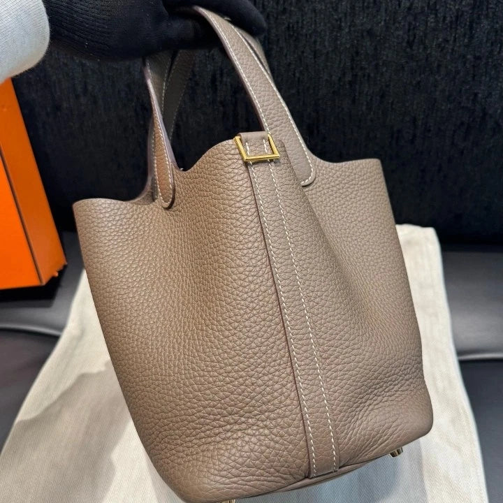 Hermes Bucket 18 Gray Top Handle Bag Gold Hardware Women Classic D