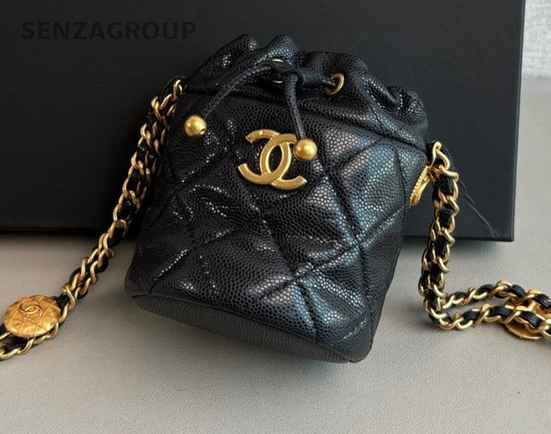 CHANEL 22A Bucket mini Drawstring Chain Shoulder bag Crossbody Women Blakc Gold