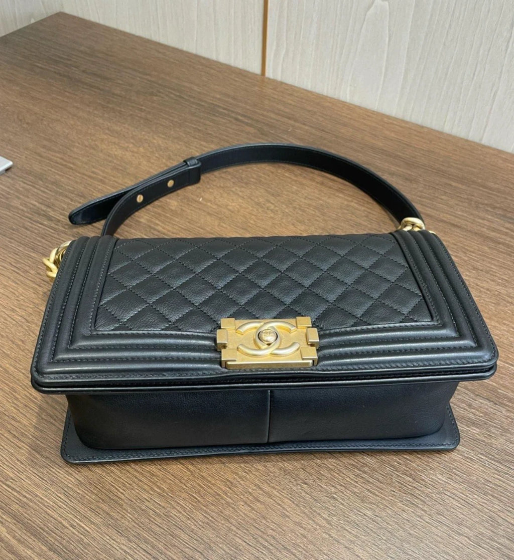Chanel Leboy Calfskin MM Diamond Chain Shoulder Bag Crossbody Women