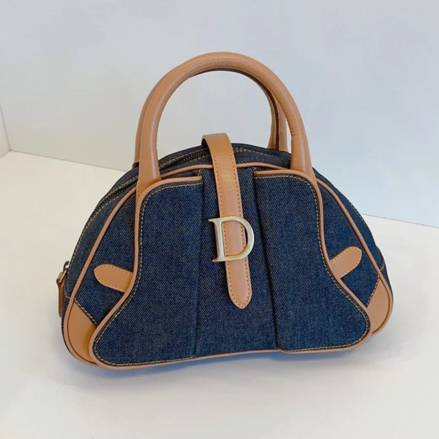 Christian Dior Denim Bowling Bag Top Handle Bag Blue Brown Women Fashion