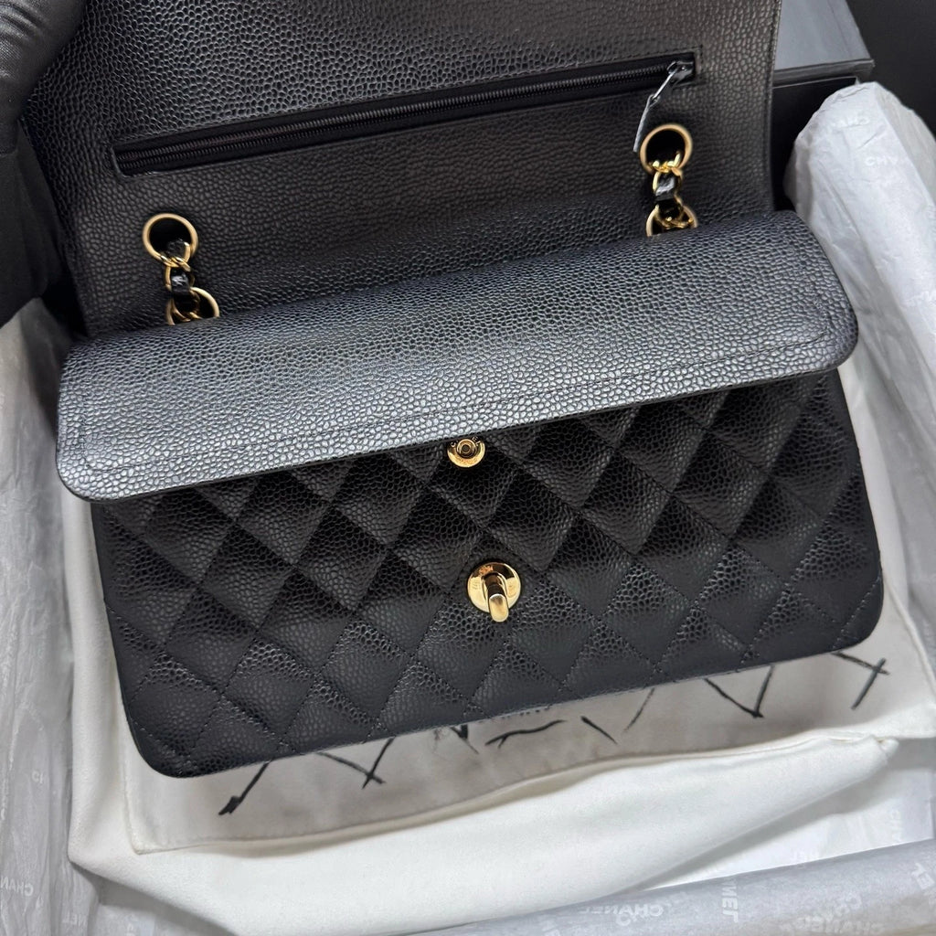 CHANEL CF Medium Black Gold Caviar Leather Shoulder Bag For Women